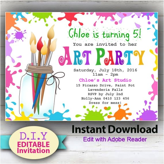Paint Party Invitation Template Editable Printable Art Party Invitation Children 39 S