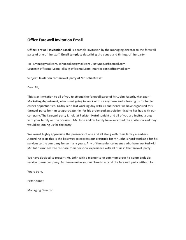 Party Invitation Email to Colleagues Office Farewell Invitation Email