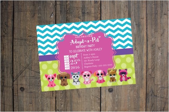 Pet Adoption Party Invitations Beanie Boo Birthday Invitation Girl Birthday Party