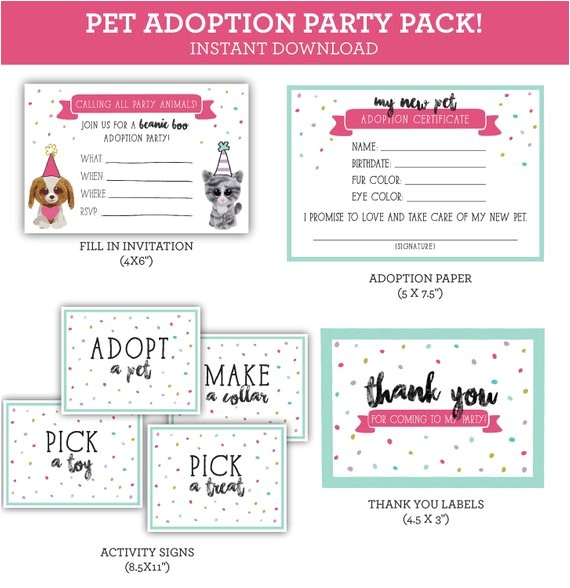 Pet Adoption Party Invitations Pet Adoption Beanie Boo Printable Party Pack Instant