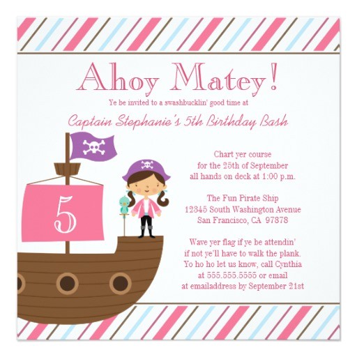 Pink Pirate Party Invitations Cute Pink Girl 39 S Pirate Birthday Party Invitation Zazzle