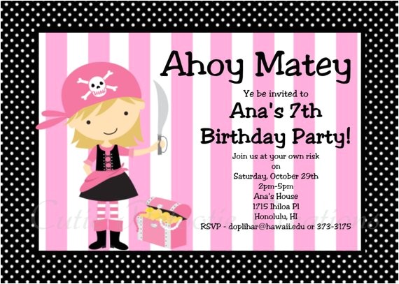 Pink Pirate Party Invitations Items Similar to Pirate Birthday Invitation Girl Pink