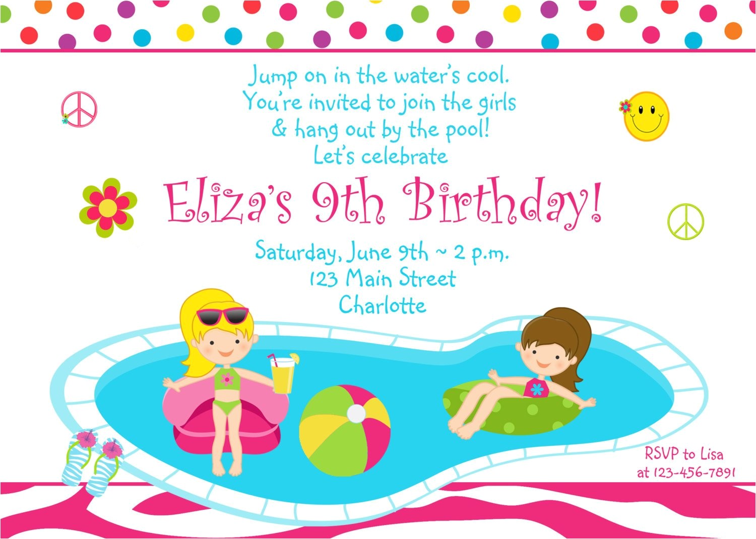 Pool Party Invitations with Photo Pool Party Birthday Invitation Girls Pool Party Zebra
