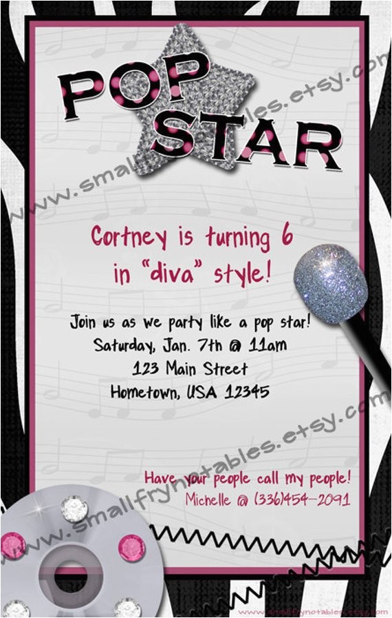 Pop Star Party Invitations Girls Personalized Pop Star Diva Zebra Karaoke theme Birthday Pop Star Party Invitations Girls Personalized Pop Star Diva Zebra Karaoke theme Birthday