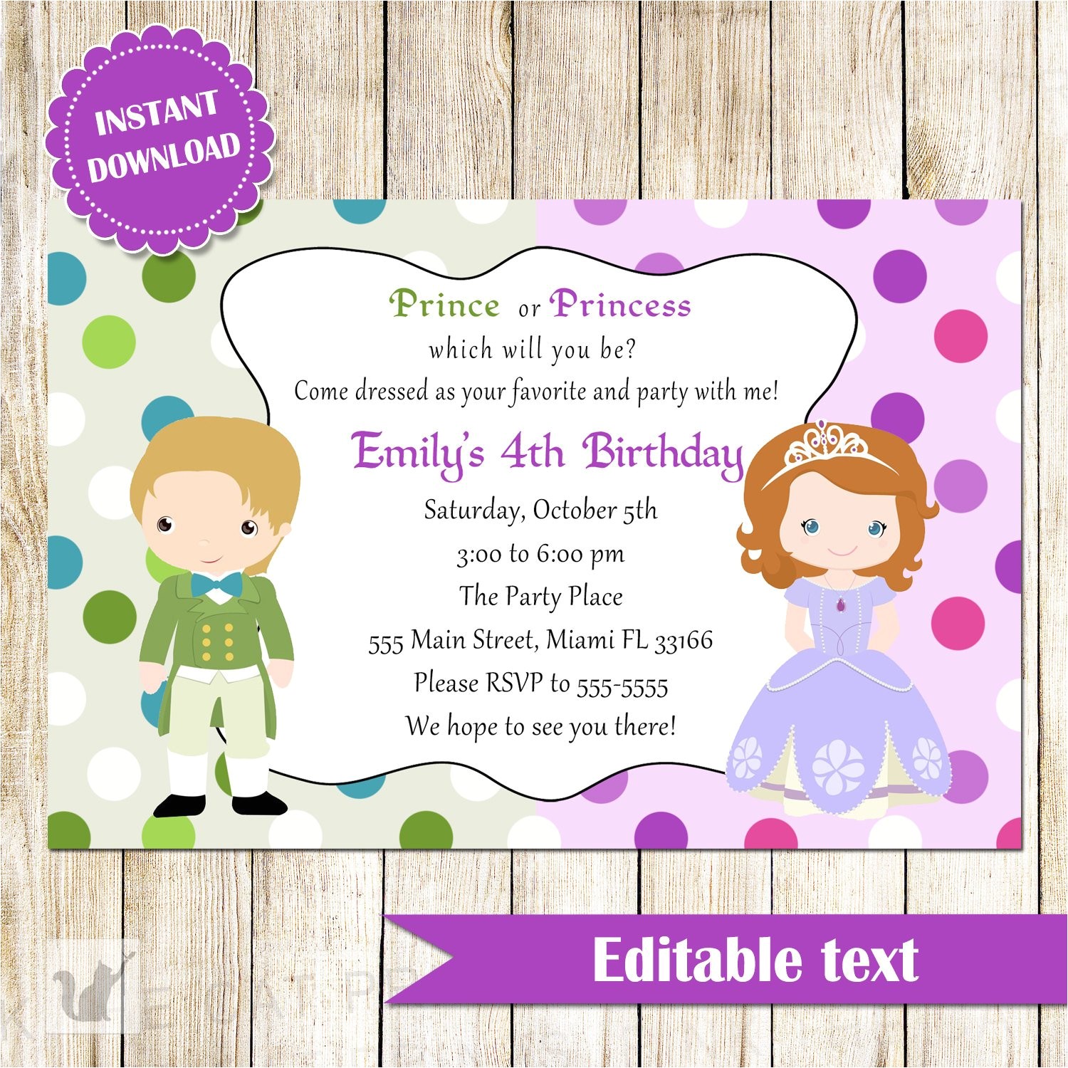 Prince and Princess Birthday Party Invitations Prince and Princess Invitation Green Purple Printable Kids