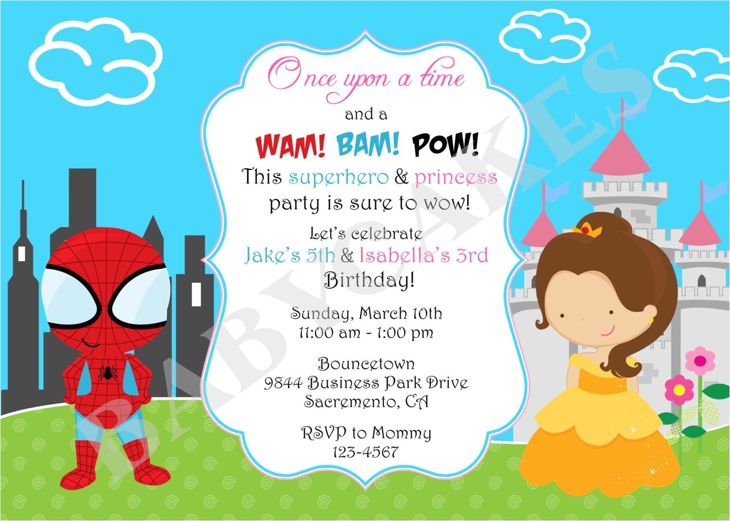 Princess and Superhero Party Invitation Template Superhero Princess Birthday Invitation Invite Sibling