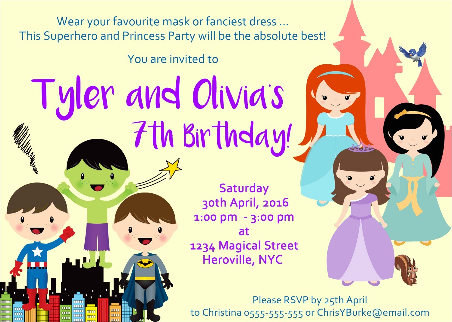 Princess and Superhero Party Invitation Template Superhero Princess Party Invitation Encore Kids Parties