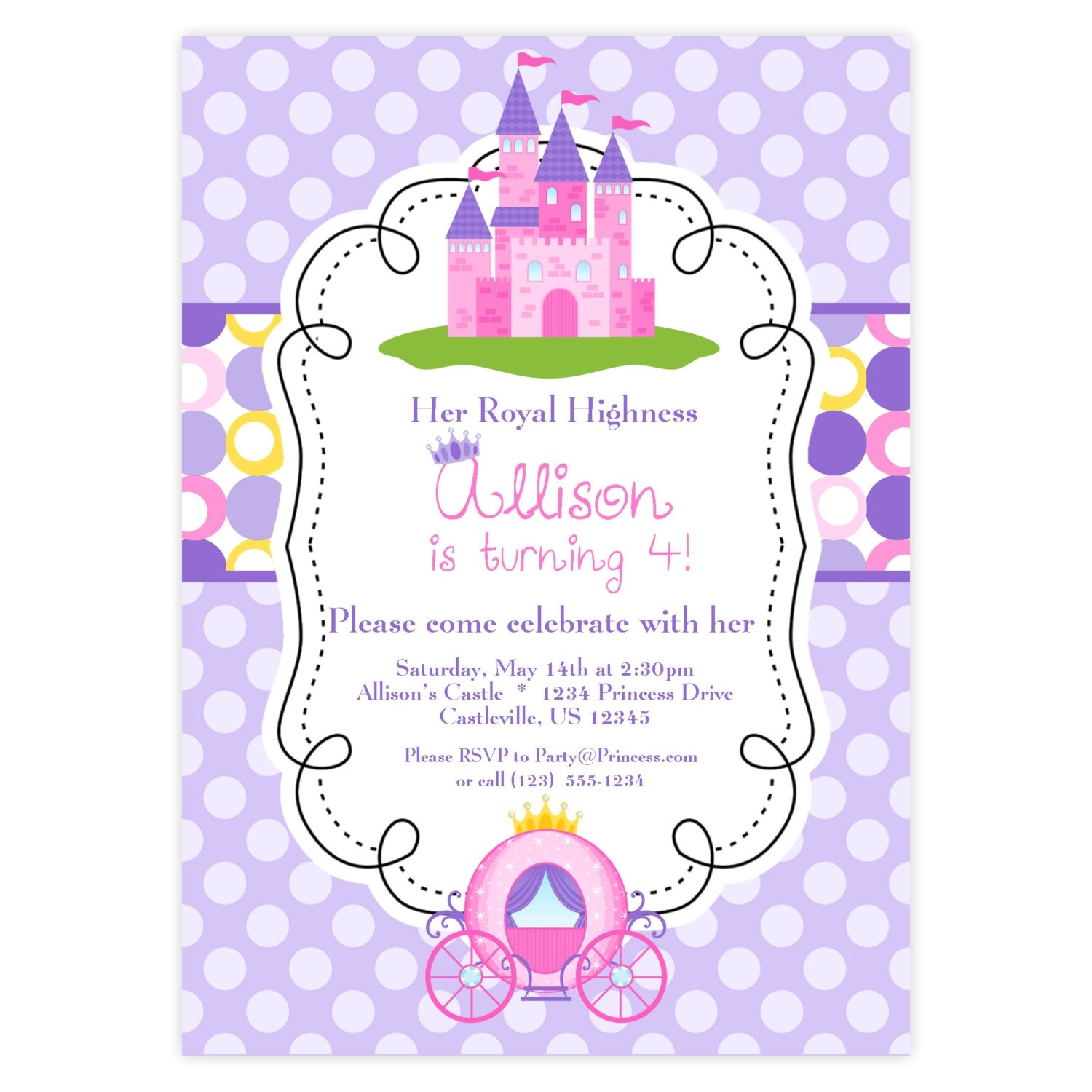 Princess Bday Party Invitations Princess Invitation Purple and Pink Polka Dots Royal