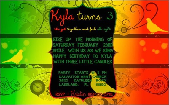 Rasta Party Invitations Bob Marley Rasta Three Little Birds themed Birthday