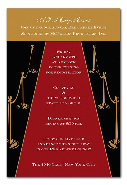 Red Carpet theme Party Invitations Gold Red Carpet Invitations by Invitation Consultants
