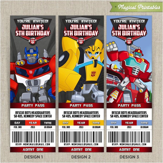 Rescue Bots Party Invitations Personalized Transformers Rescue Bots Birthday Ticket