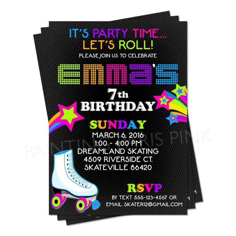 Roller Skating Invitations for Birthday Party Neon Roller Skating Birthday Party Invitation