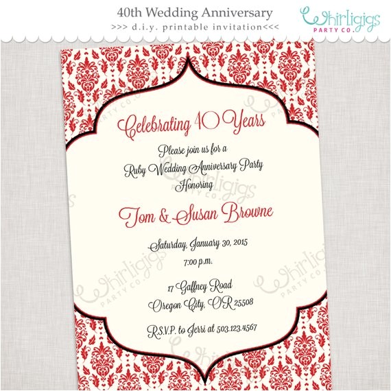 Ruby Wedding Anniversary Party Invitations 40th Ruby Anniversary Invitation Printable Digital File