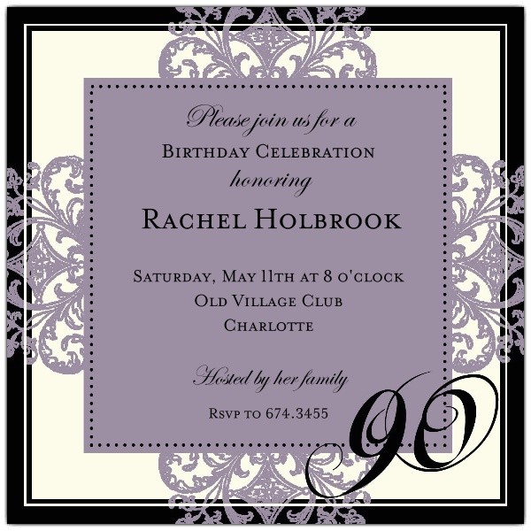 Sample Invitations for 90th Birthday Party Decorative Square Border Eggplant 90th Birthday