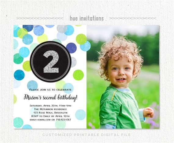 Second Birthday Party Invitations 2nd Birthday Invitation Boy Blue Green Silver Glitter Second