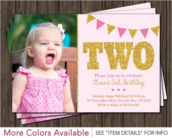 Second Birthday Party Invitations Pink and Gold 2nd Birthday Invitation with Photo Light