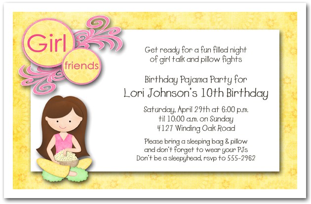 Slumber Party Invitation Sayings Dark Hair Girl Pajama Party Sleepover Invitations Girls