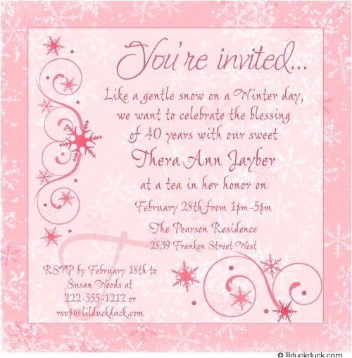 Tea Party Invitation Wording for Adults Winter Chic Tea Party Invitation Snowflakes soft Pink