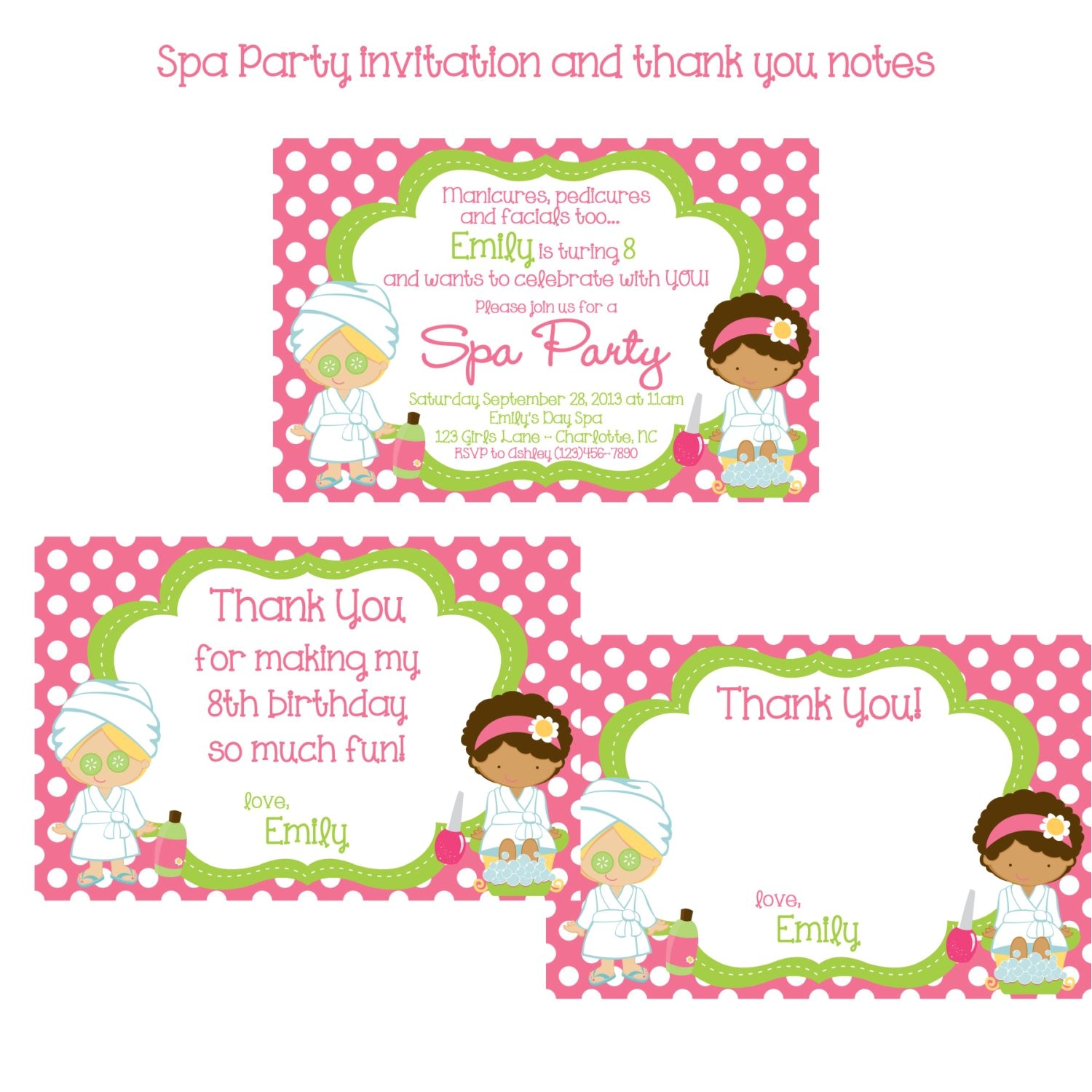 Thank You for Birthday Party Invitation Girls Spa Party Invitation and Thank You Notes