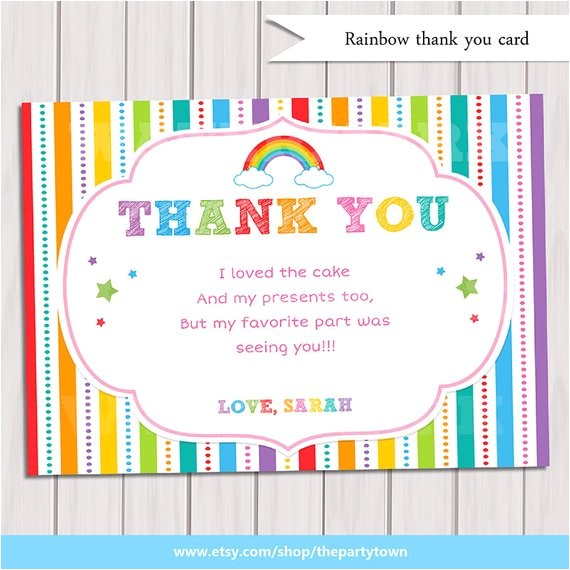 Thank You for Birthday Party Invitation Rainbow Thank You Card Rainbow Birthday Note Card