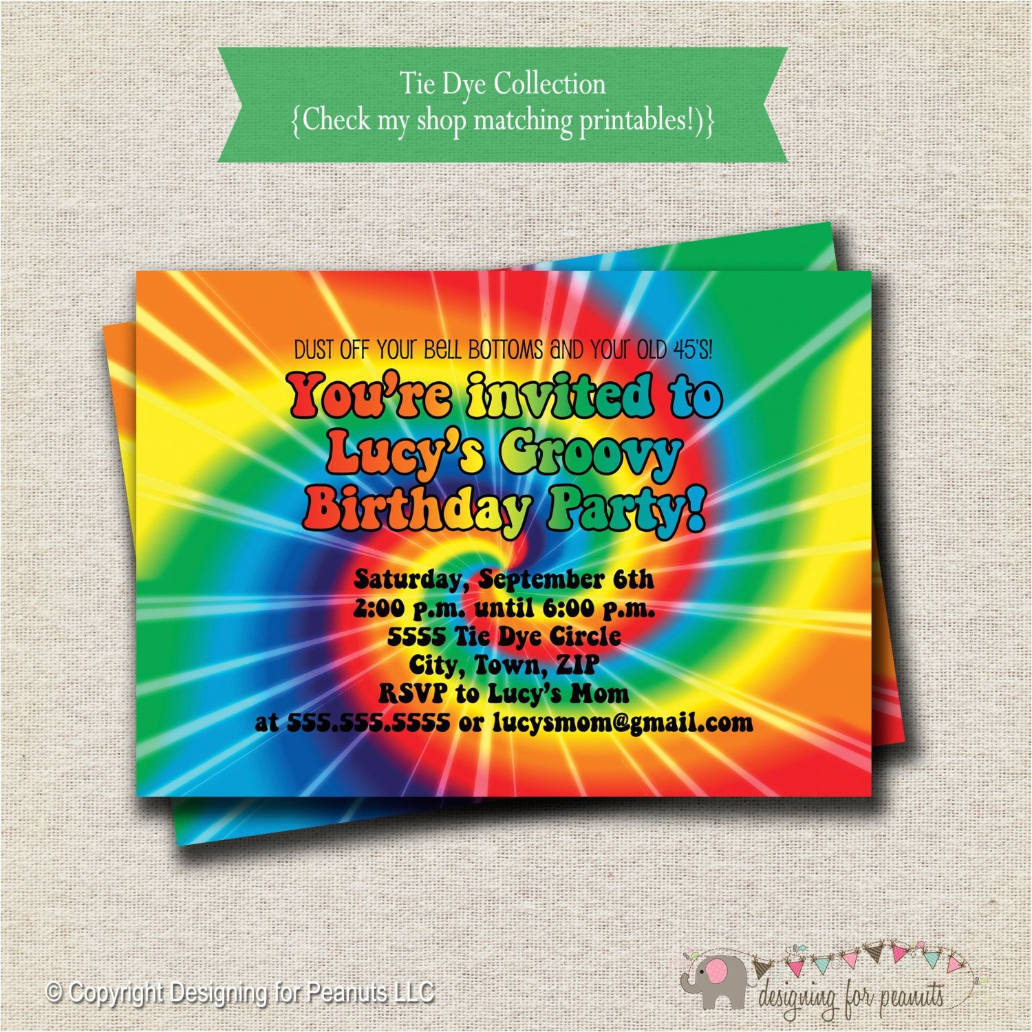 Tie Dye Party Invitations Printable Rainbow Tie Dye Birthday Party Invitation 60s 70s Hippy