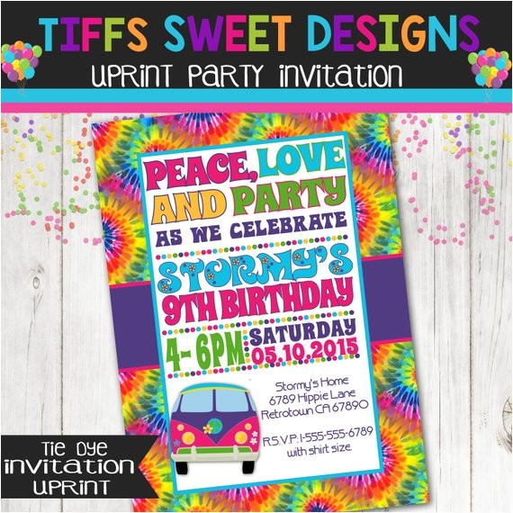 Tie Dye Party Invitations Printable Tie Dye 60 39 S Hippie Party Invitation Peace by