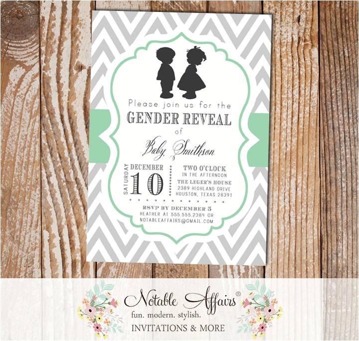 Twin Gender Reveal Party Invitations Gray and Mint Boy Girl Silhouettes Baby Shower Gender Twin Gender Reveal Party Invitations Gray and Mint Boy Girl Silhouettes Baby Shower Gender