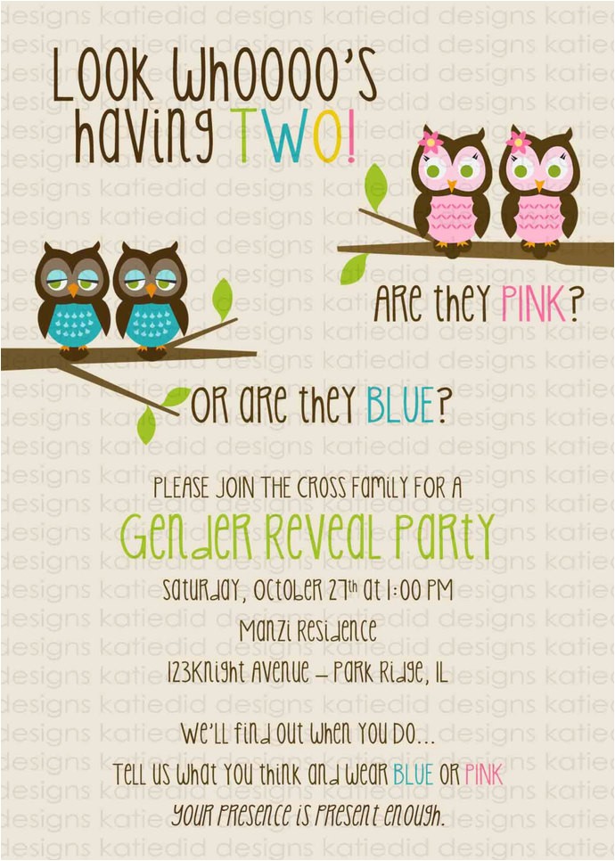 Twin Gender Reveal Party Invitations Twins Gender Reveal Invitation Owl Baby Katiedid Designs Twin Gender Reveal Party Invitations Twins Gender Reveal Invitation Owl Baby Katiedid Designs