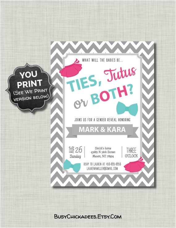 Twin Gender Reveal Party Invitations Twins Gender Reveal Invitations Ties Tutus Printable Pdf Jpg Twin Gender Reveal Party Invitations Twins Gender Reveal Invitations Ties Tutus Printable Pdf Jpg