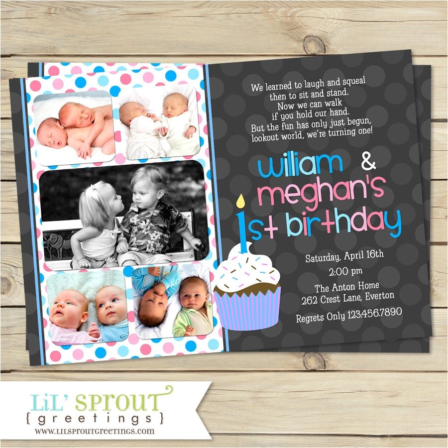 Twin Girl Birthday Party Invitations Boy Girl Twin 1st Birthday Invitation Blue Pink Double