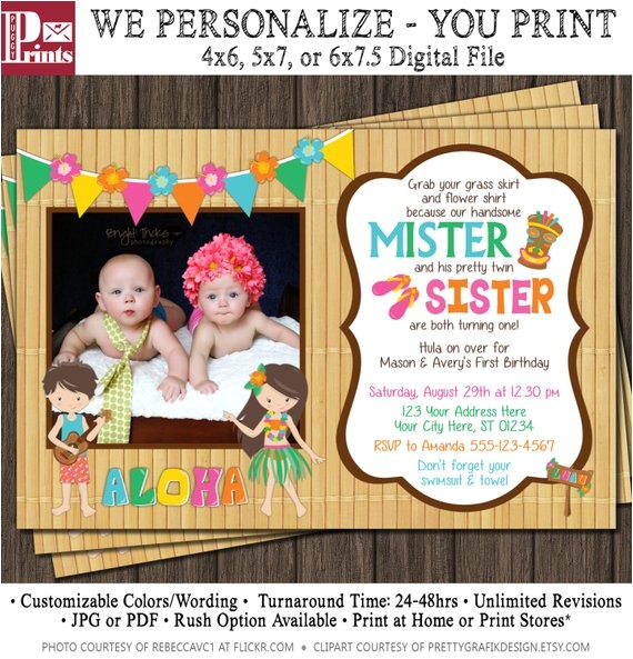 Twin Girl Birthday Party Invitations Twins Birthday Invitation Luau Party Hawaiian by Puggyprints