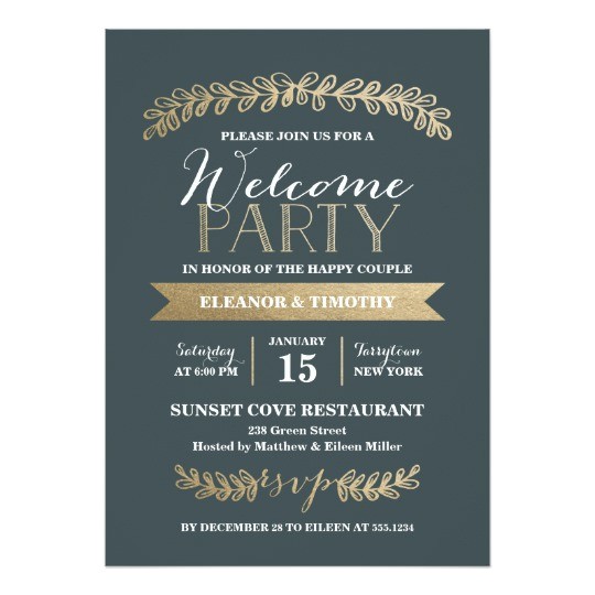 Welcome Party Invitation Template Gold Laurels Slate Wedding Welcome Party Invite Zazzle Com