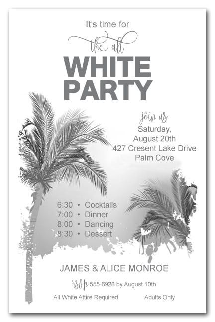 White Party theme Invitations Palm Trees All White White Party Invitations
