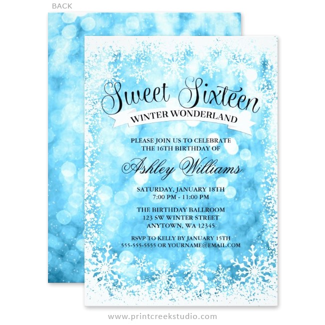 Winter Wonderland Sweet 16 Party Invitations Sweet 16 Winter Wonderland Blue Glitter Lights Invitations