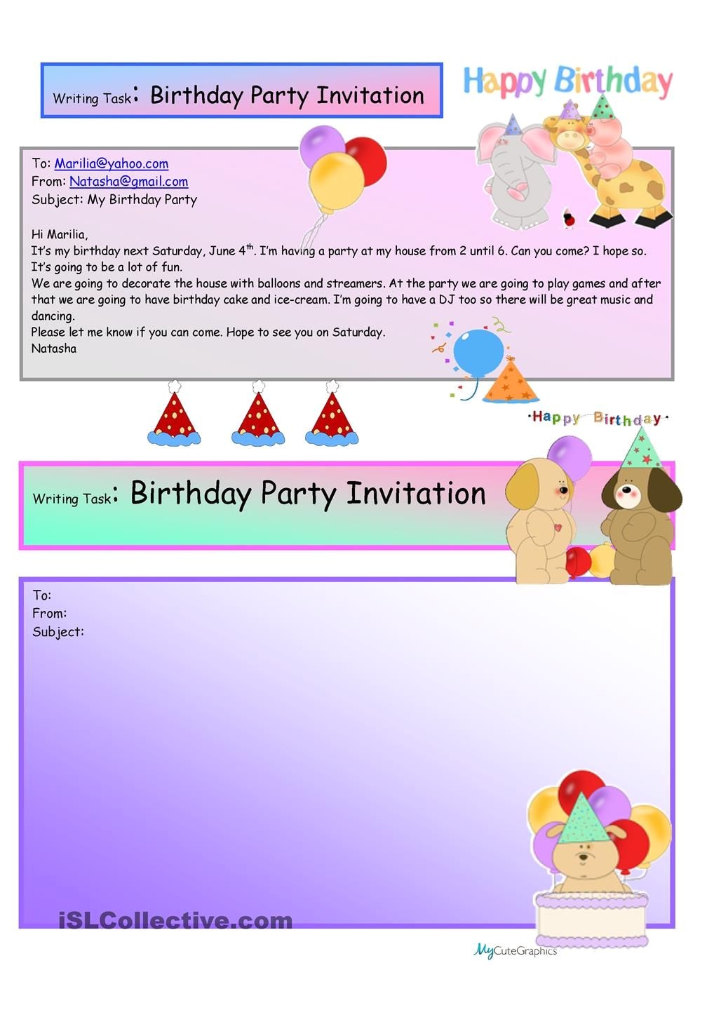 Writing Party Invitations Creative Writing Birthday Party Invite 16 A1 Level