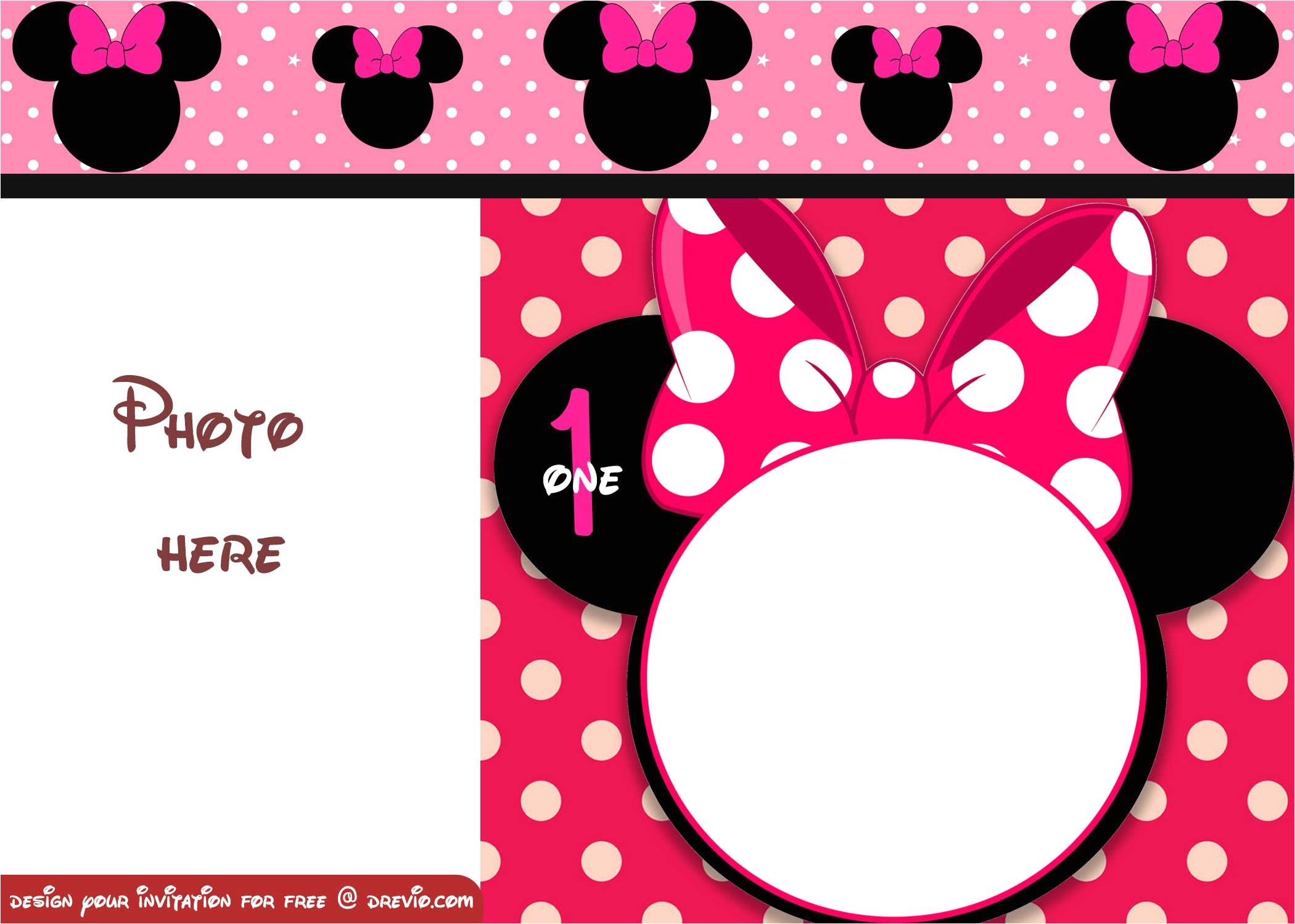 1st Birthday Invitation Template Blank Free Minnie Mouse Polka Dot 1st Birthday Invitation