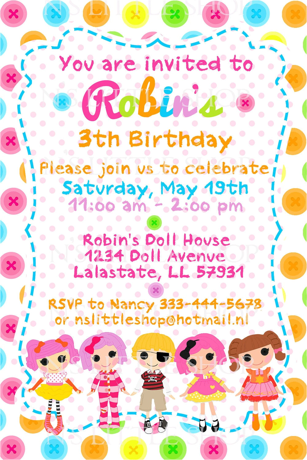Birthday Card Invitation Example button Doll Birthday Invitation Card Customize by