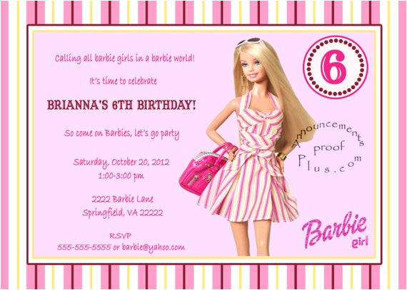 Birthday Invitation Barbie Template Items Similar to 5x7 Barbie Milestone Birthday Invitation