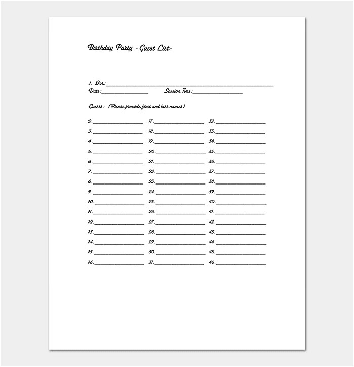 Birthday Invitation List Template Guest List Template 22 for Word Excel Pdf format