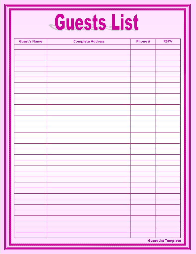 Birthday Invitation List Template Guest List Template Free Printable Word Templates