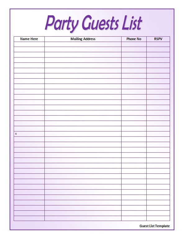 Birthday Invitation List Template Invite List Template 7 Free Wedding Guest List Templates