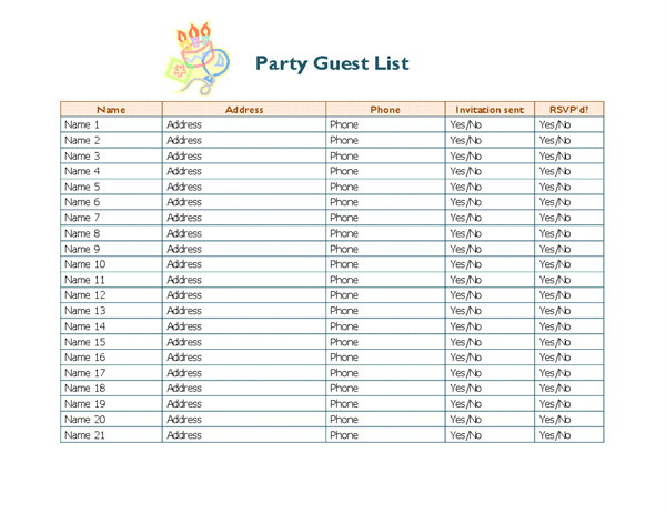 Birthday Invitation List Template Party Guest List