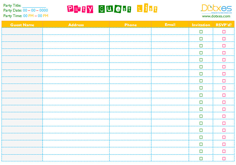 Birthday Invitation List Template Party Guest List Template Word Dotxes
