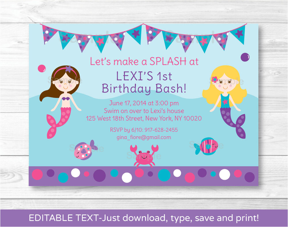 Birthday Invitation Template Pdf Mermaid Printable Birthday Invitation Editable Pdf Ebay