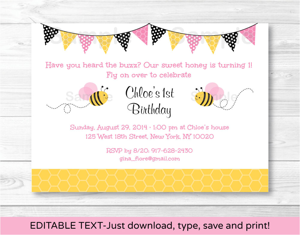 Birthday Invitation Template Pdf Pink Bumble Bee Printable Birthday Invitation Editable Pdf