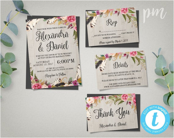 Boho Wedding Invitation Template Printable Boho Wedding Invitation Template Set Rsvp