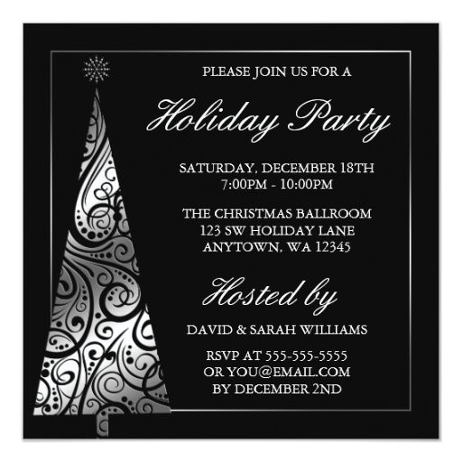 Christmas Party Invitation Template Black and White Black Silver Swirl Christmas Tree Holiday Party Invitation
