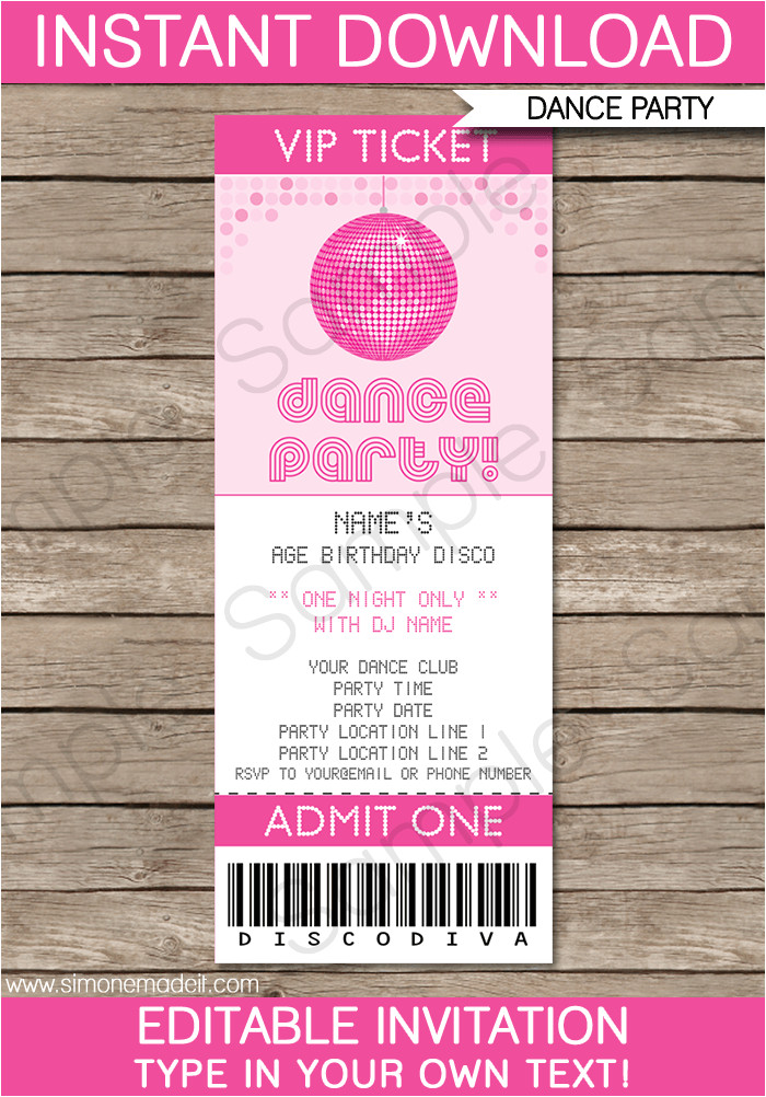 Dance Party Invitation Template Dance Party Ticket Invitations Template Pink Birthday