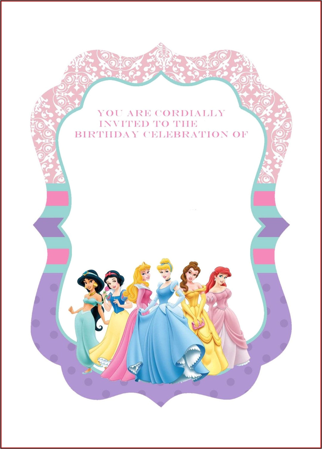 Disney Princess Birthday Invitation Template Princess Birthday Invitations Template Free Templates 2