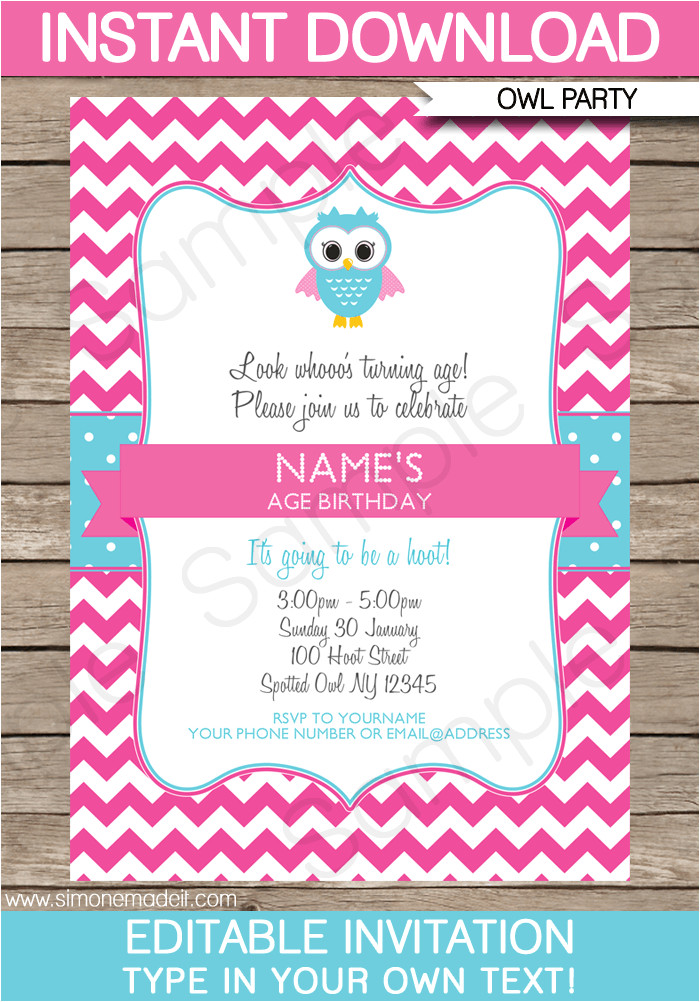 Editable Party Invitation Template Owl Party Invitations Pink Birthday Party Template